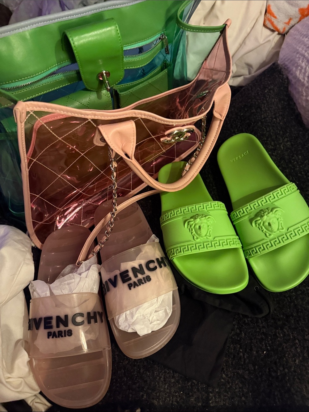 Givenchy Neon Green Medusa Slides with Pink Clear Tote and Taupe Logo Slides